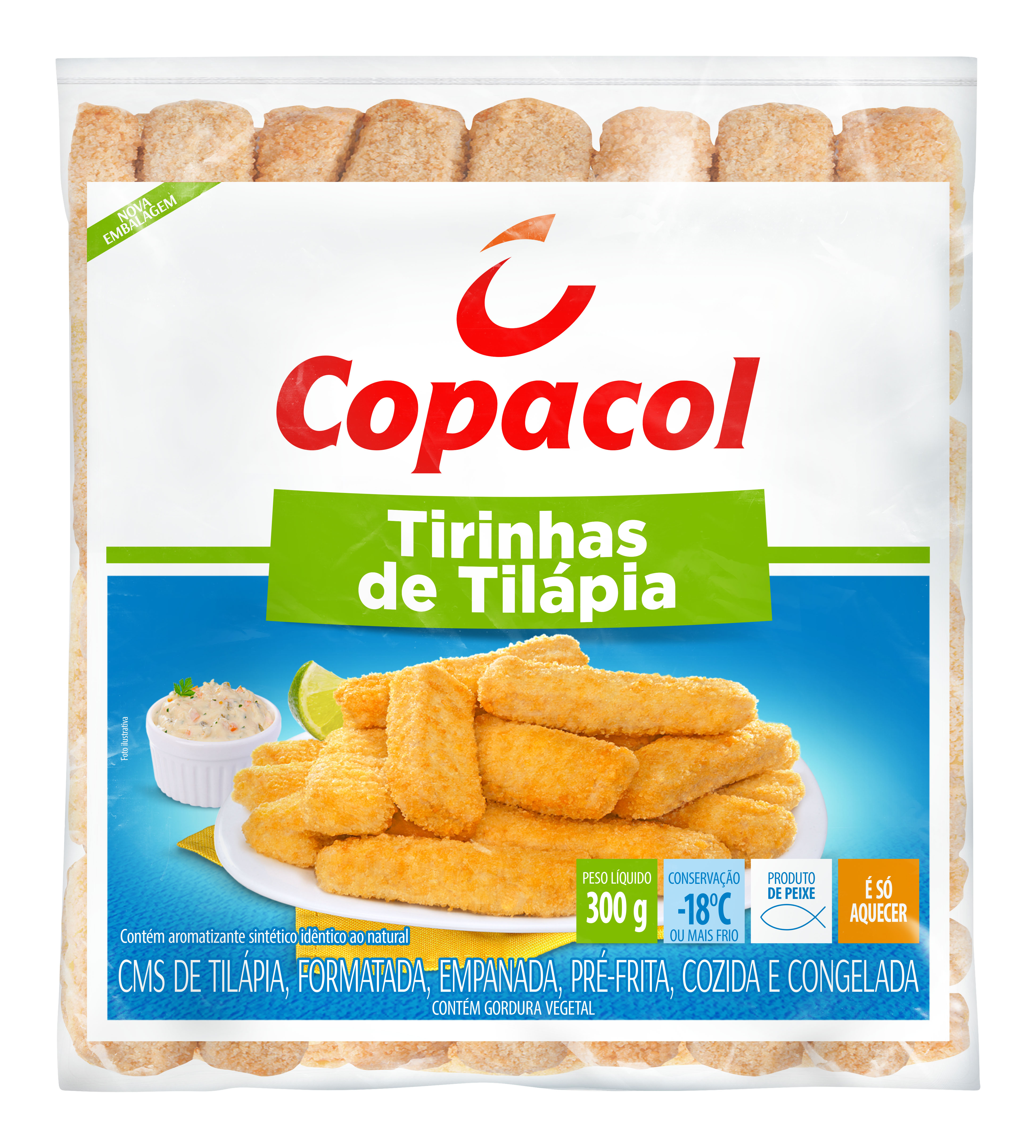 Copacol » Produtos » Peixe » Tilápia » Tirinhas de Tilápia Empanadas 300g