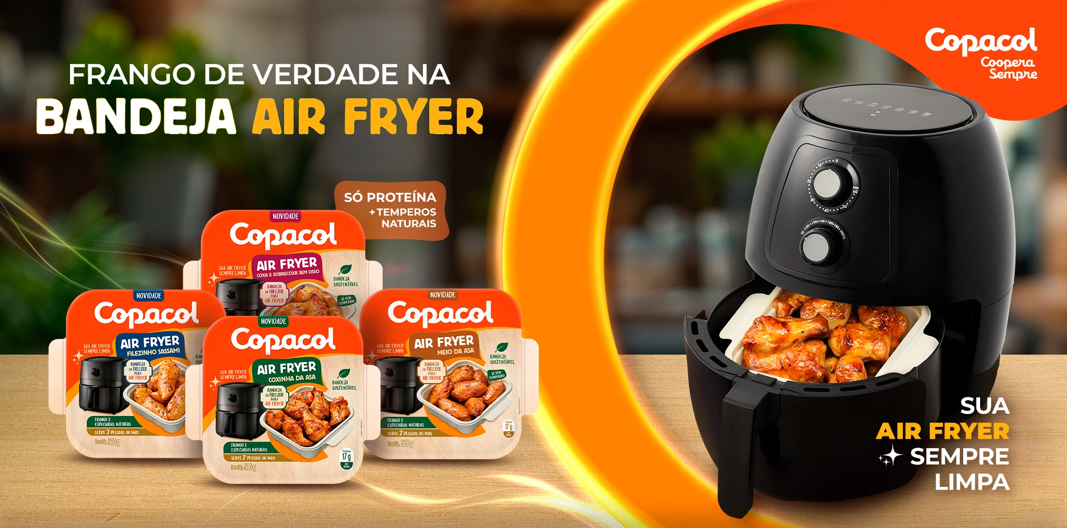 Imagem das embalagens de Frango Airfryer da Copacol.